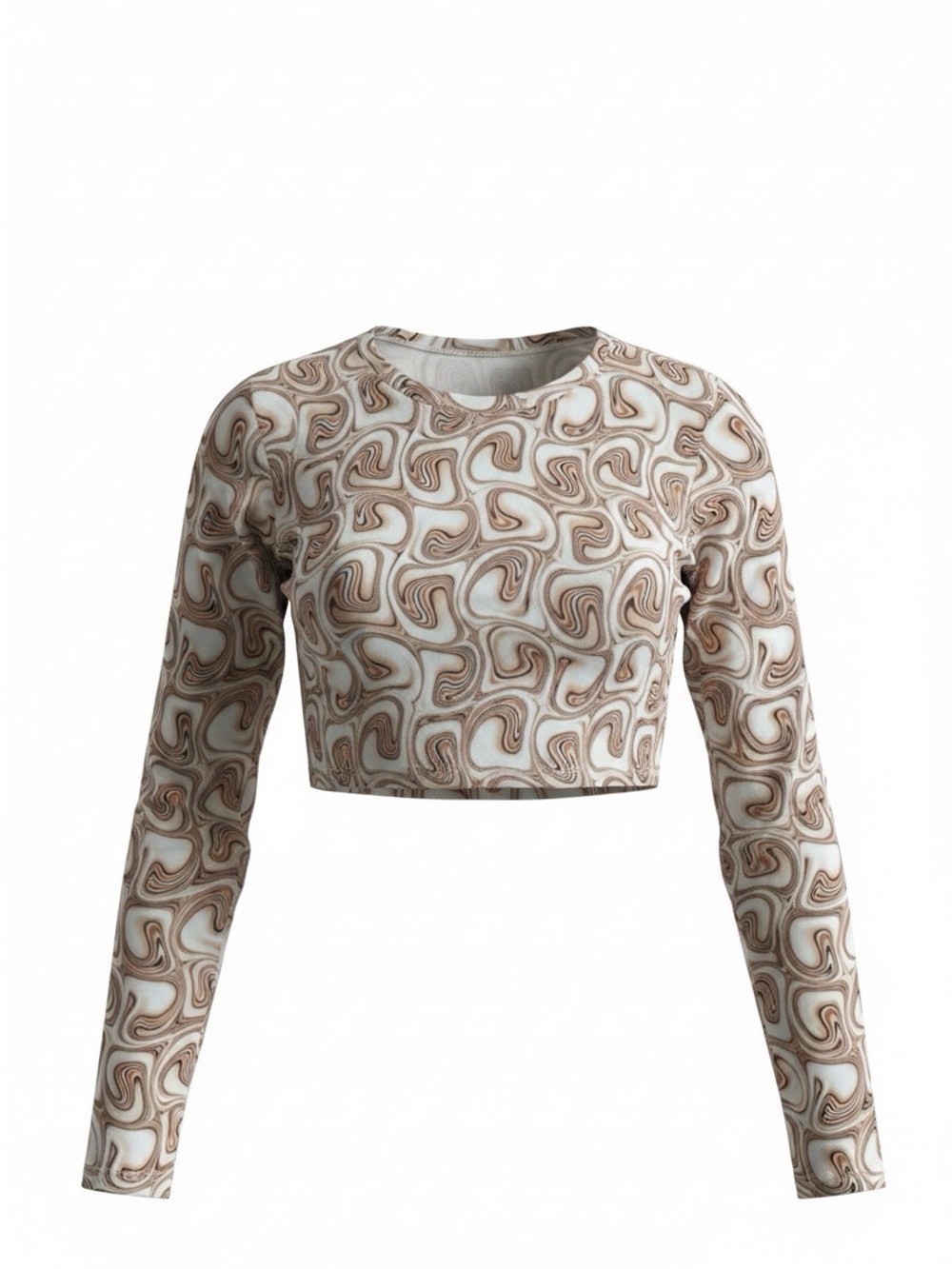 Cropped Long-Sleeve Swirl Print Top in Cream and Brown